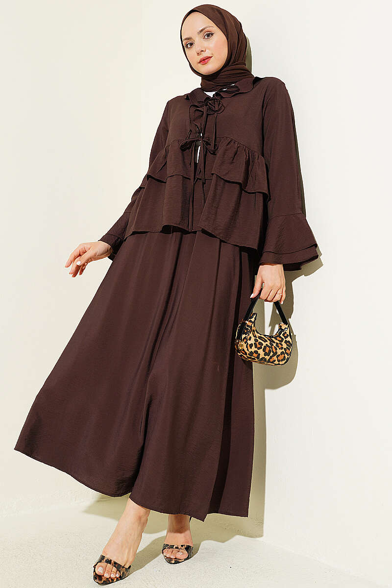 Tiered Ruffle Skirt Set with Tie Front - Dark Brown