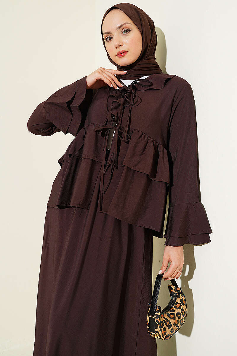 Tiered Ruffle Skirt Set with Tie Front - Dark Brown
