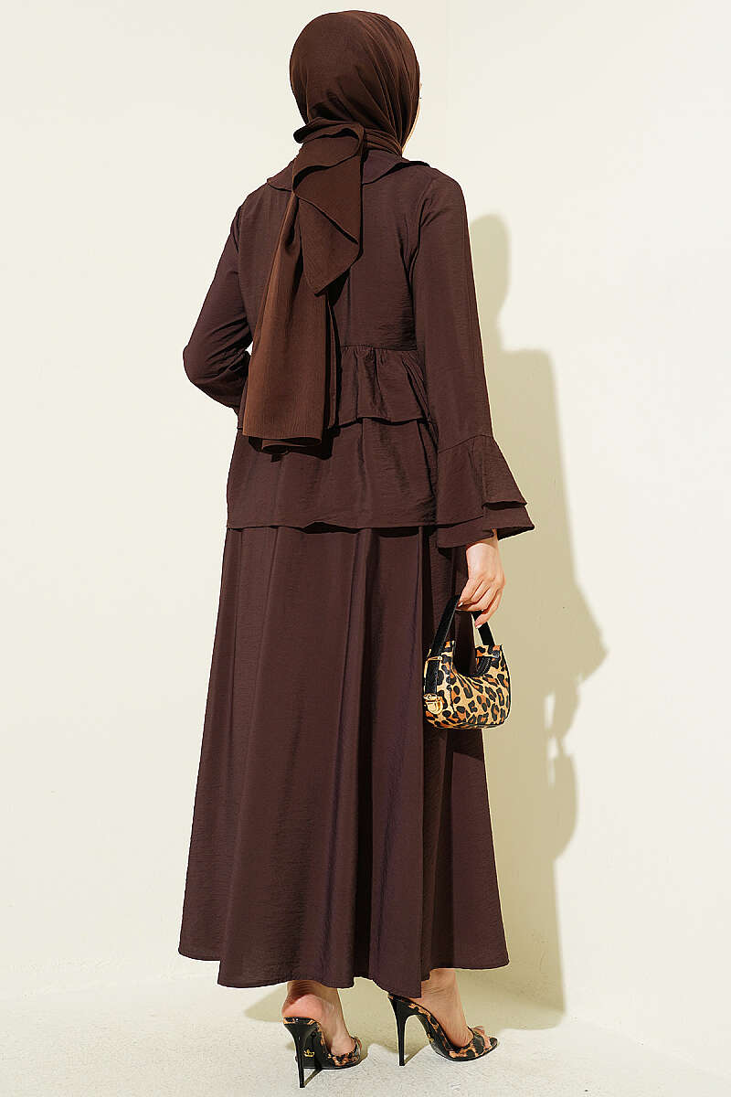 Tiered Ruffle Skirt Set with Tie Front - Dark Brown