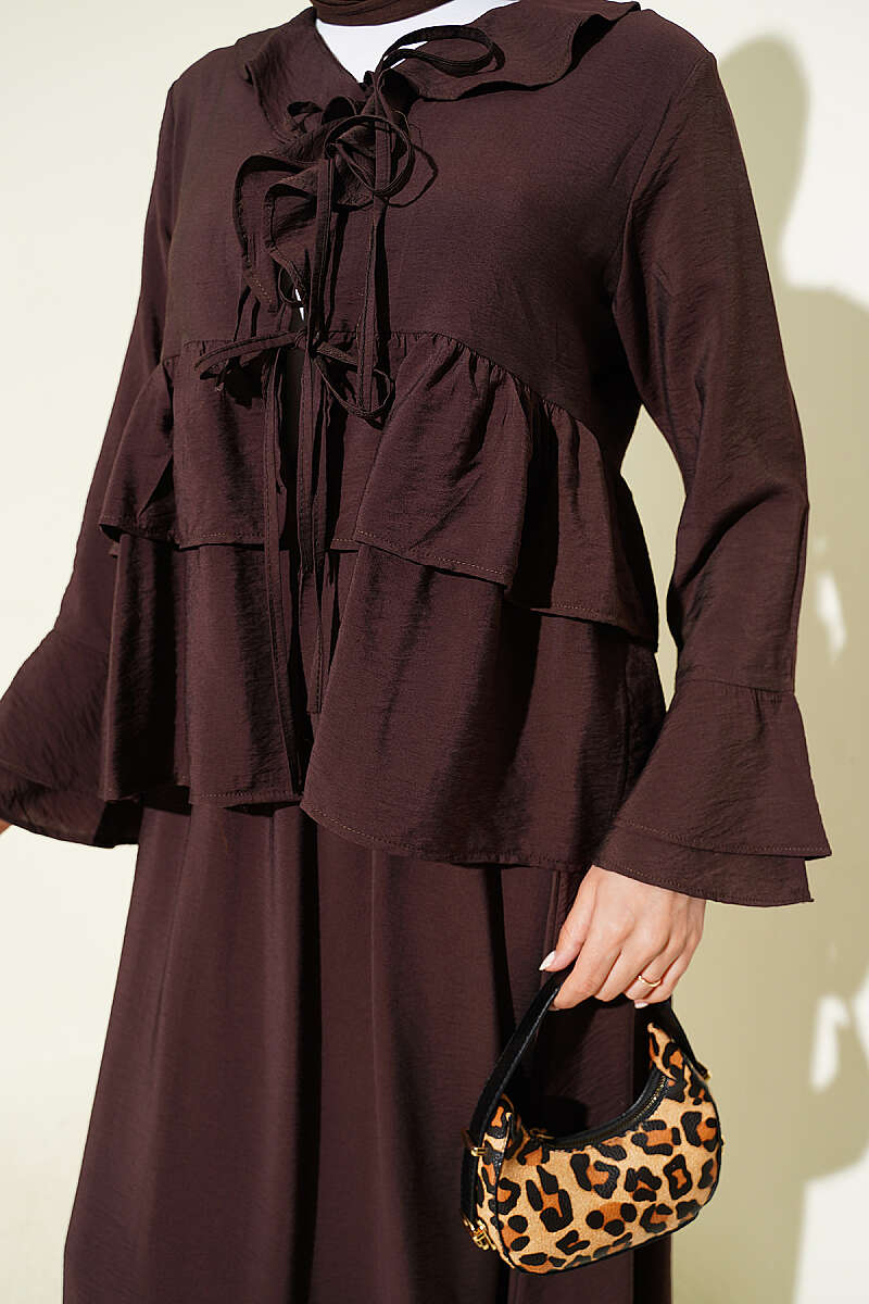 Tiered Ruffle Skirt Set with Tie Front - Dark Brown