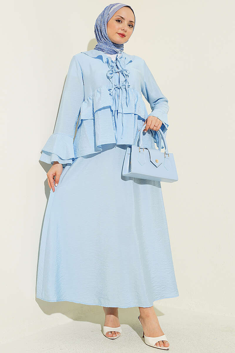 Tiered Ruffle Skirt Set with Tie Front - Light Blue