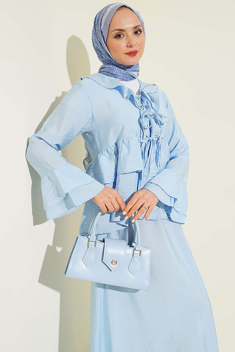 Tiered Ruffle Skirt Set with Tie Front - Light Blue