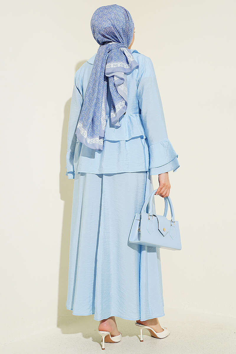 Tiered Ruffle Skirt Set with Tie Front - Light Blue