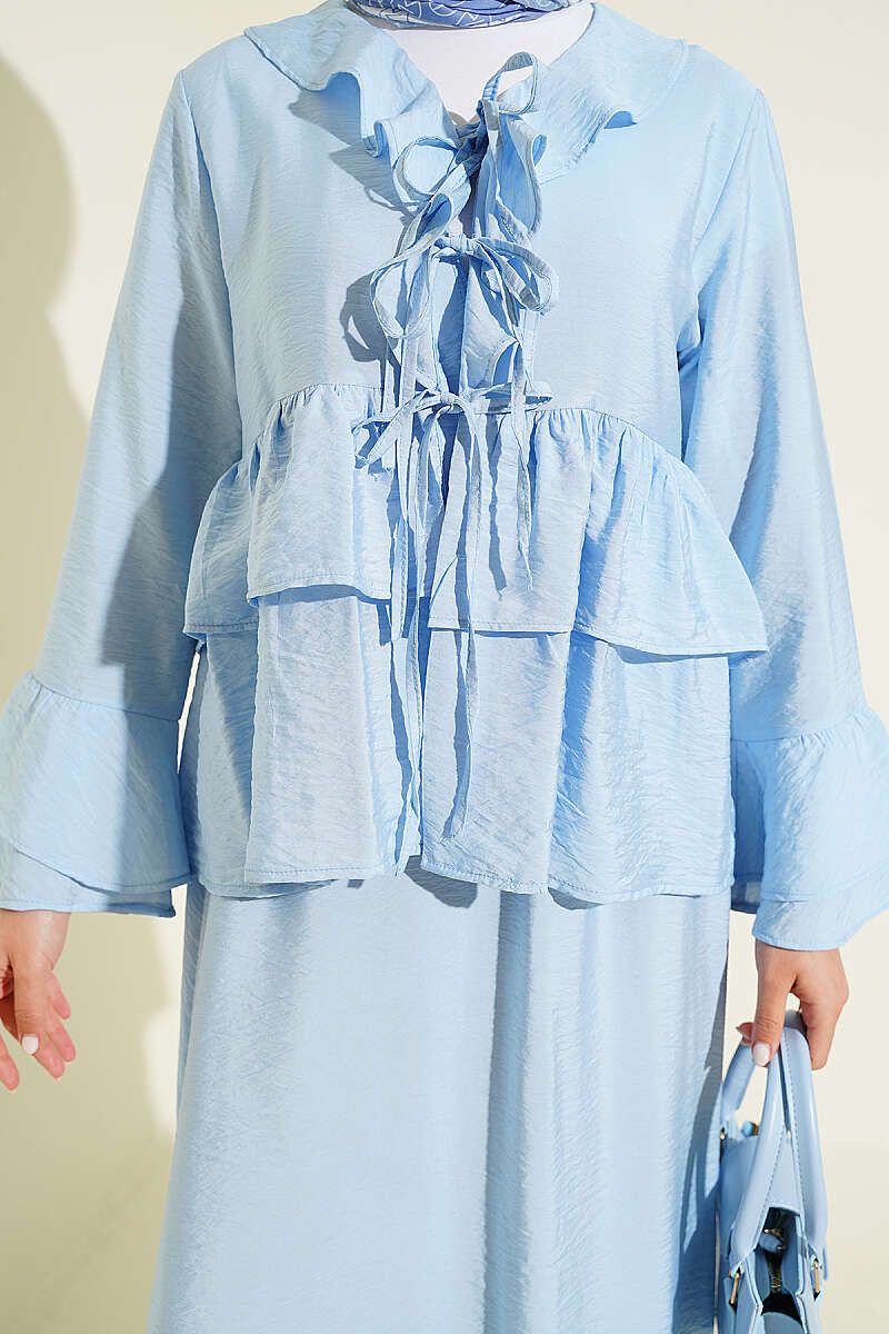 Tiered Ruffle Skirt Set with Tie Front - Light Blue