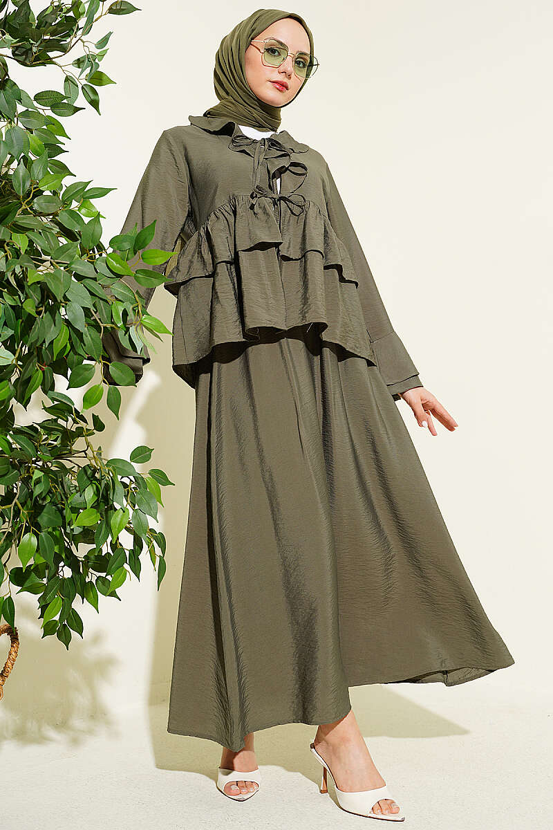 Tiered Ruffle Skirt Set with Tie Front - Khaki