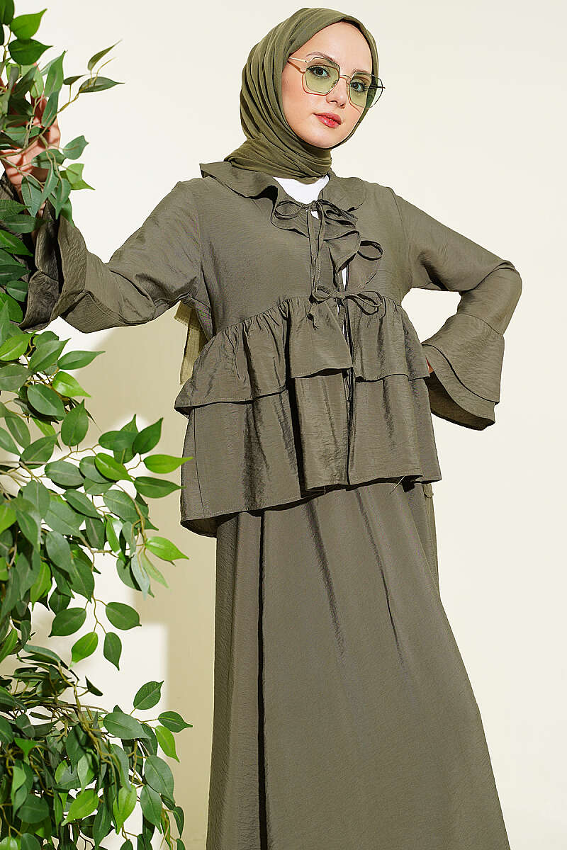 Tiered Ruffle Skirt Set with Tie Front - Khaki