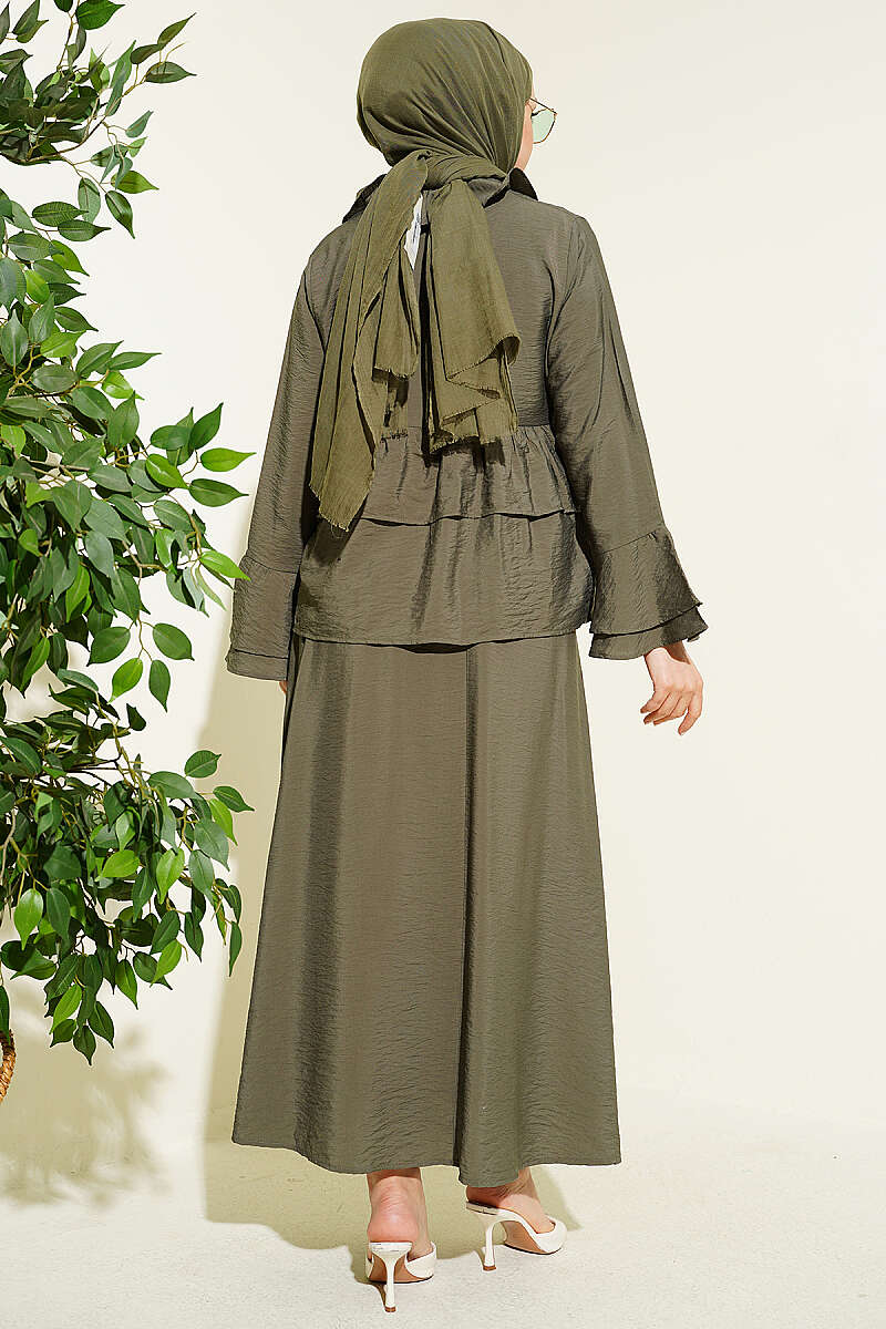 Tiered Ruffle Skirt Set with Tie Front - Khaki