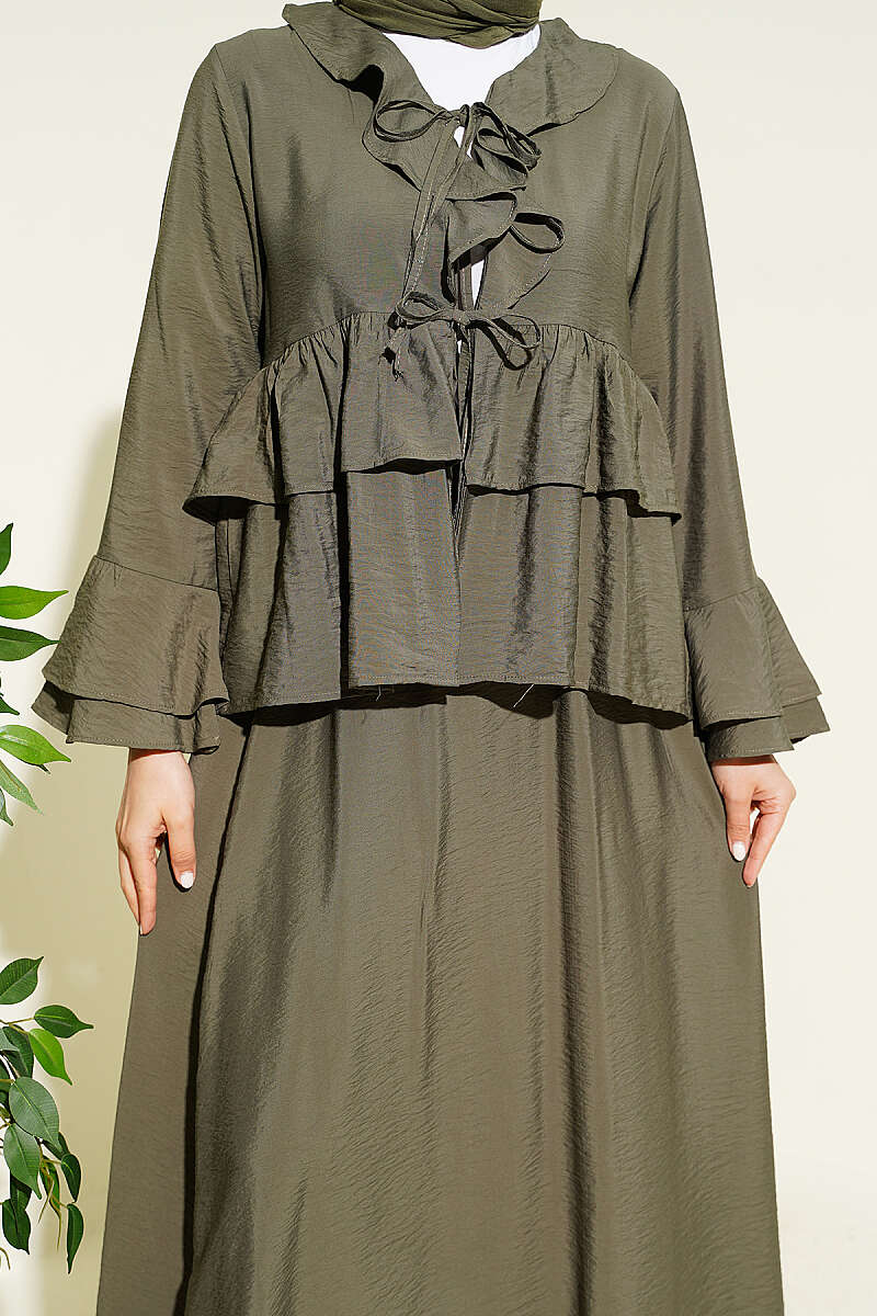 Tiered Ruffle Skirt Set with Tie Front - Khaki