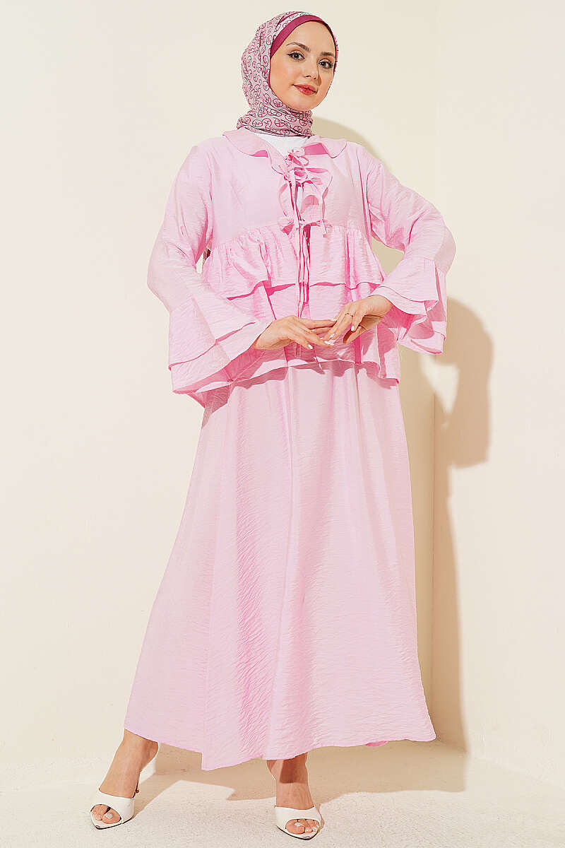 Tiered Ruffle Skirt Set with Tie Front - Pink