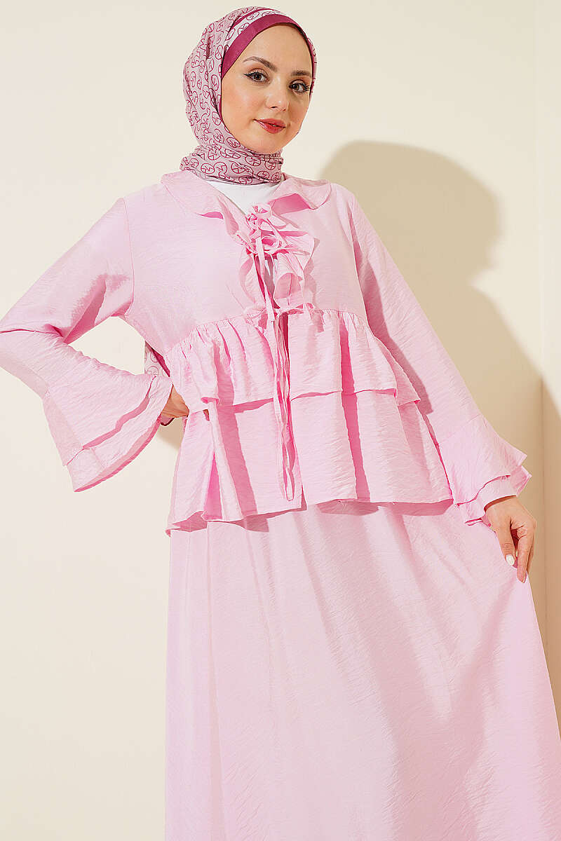 Tiered Ruffle Skirt Set with Tie Front - Pink