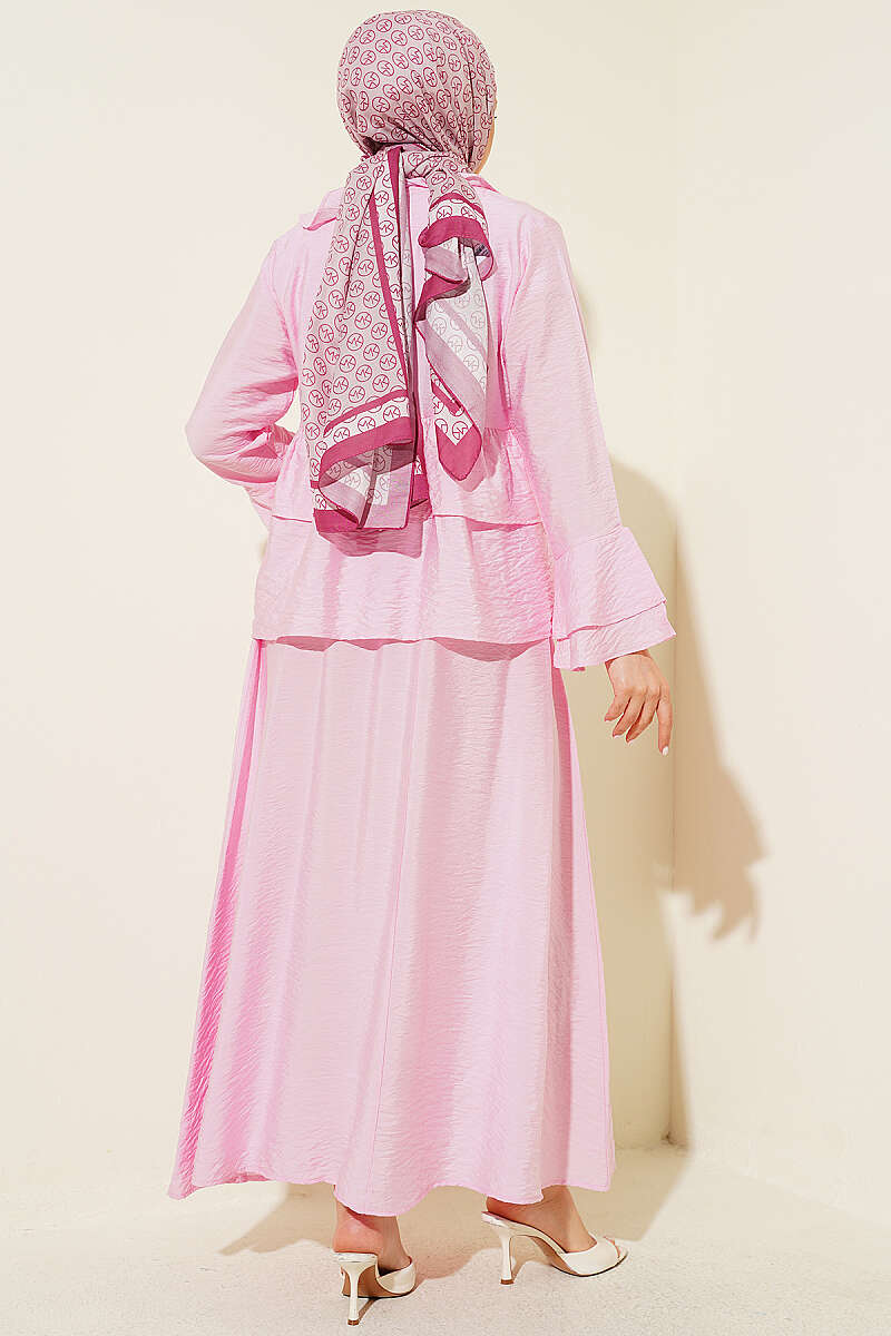 Tiered Ruffle Skirt Set with Tie Front - Pink