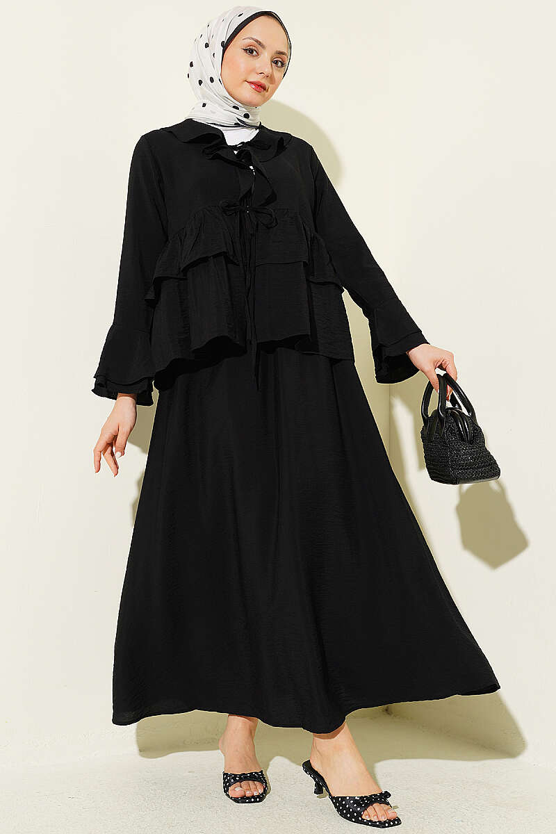 Tiered Ruffle Skirt Set with Tie Front - Black