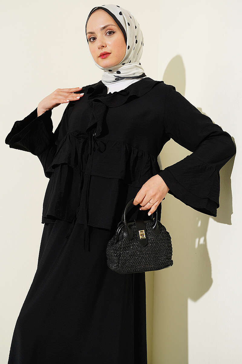 Tiered Ruffle Skirt Set with Tie Front - Black