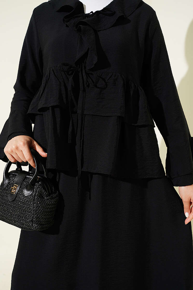 Tiered Ruffle Skirt Set with Tie Front - Black