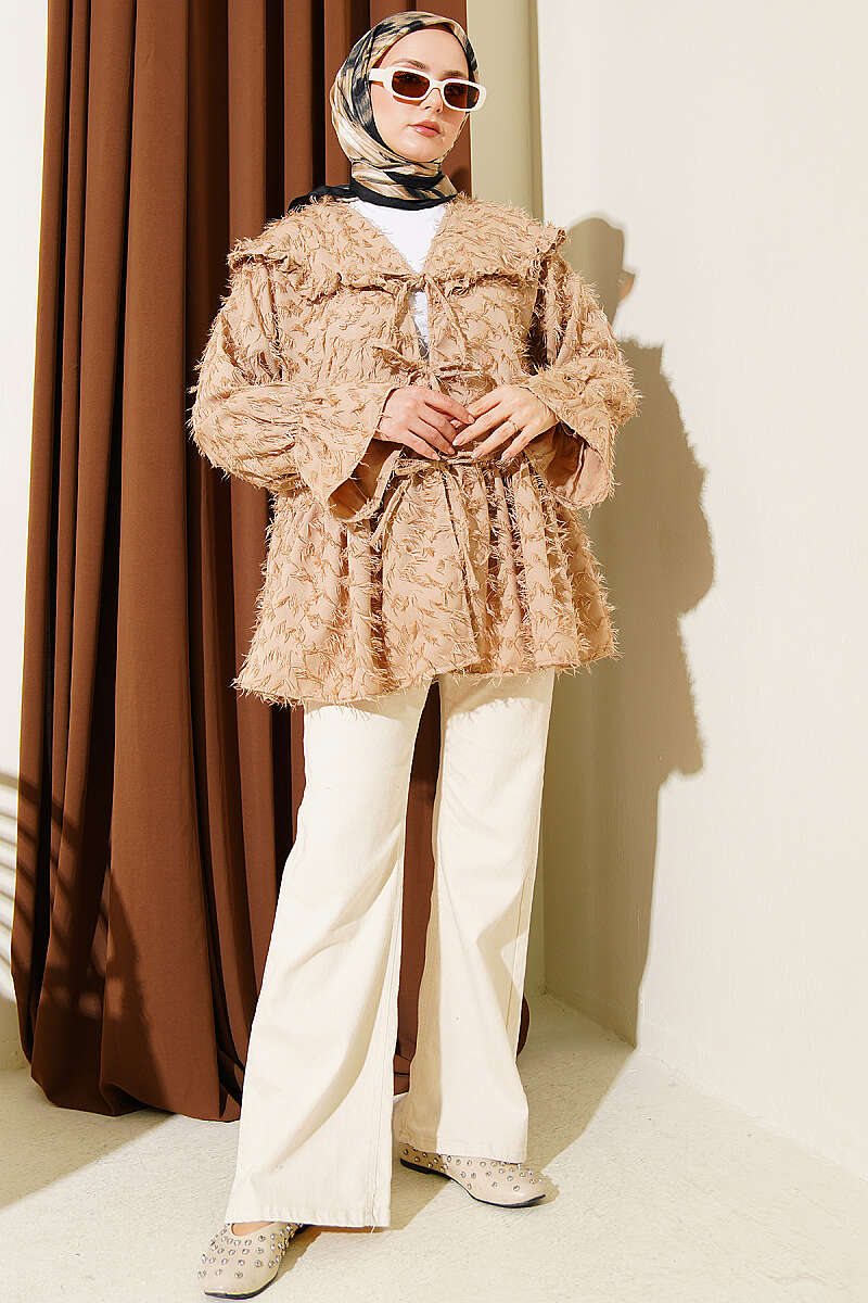 Tasselled Kimono with Front Tie - Beige