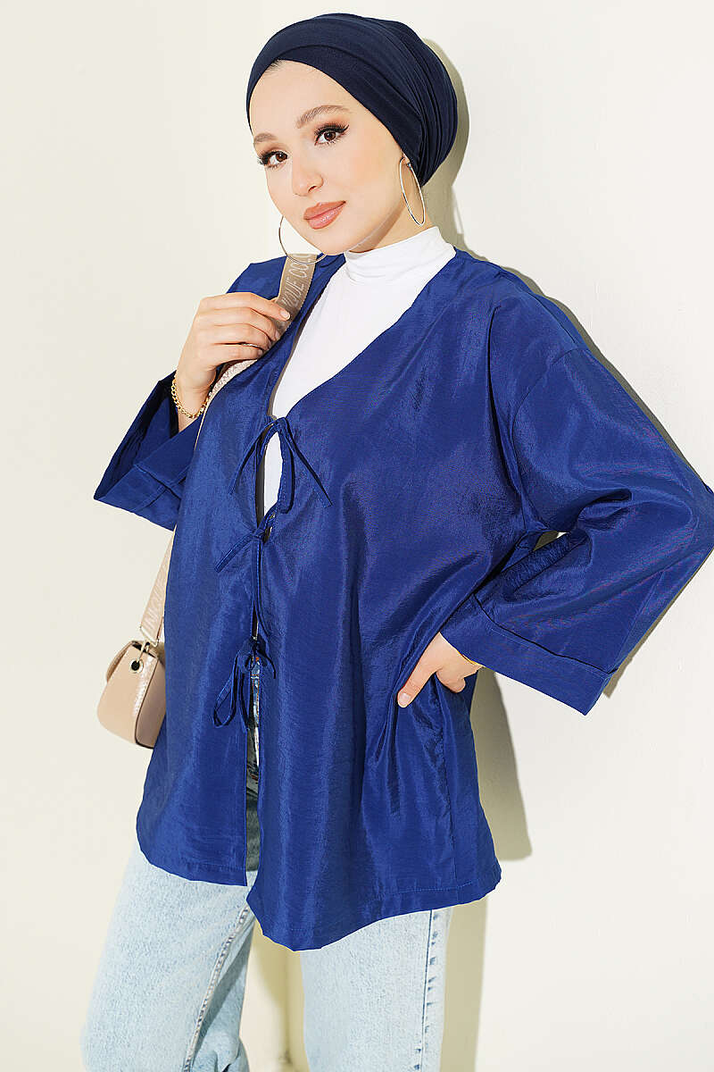 Loose Parachute Kimono with Front Tie - Navy
