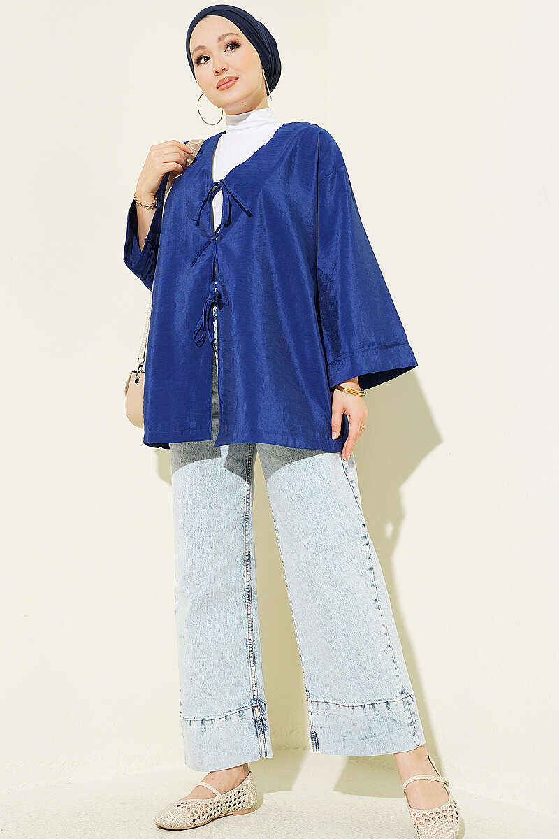 Loose Parachute Kimono with Front Tie - Navy