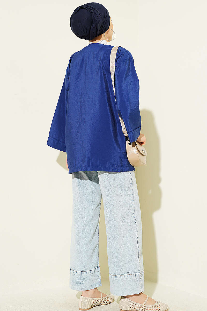 Loose Parachute Kimono with Front Tie - Navy