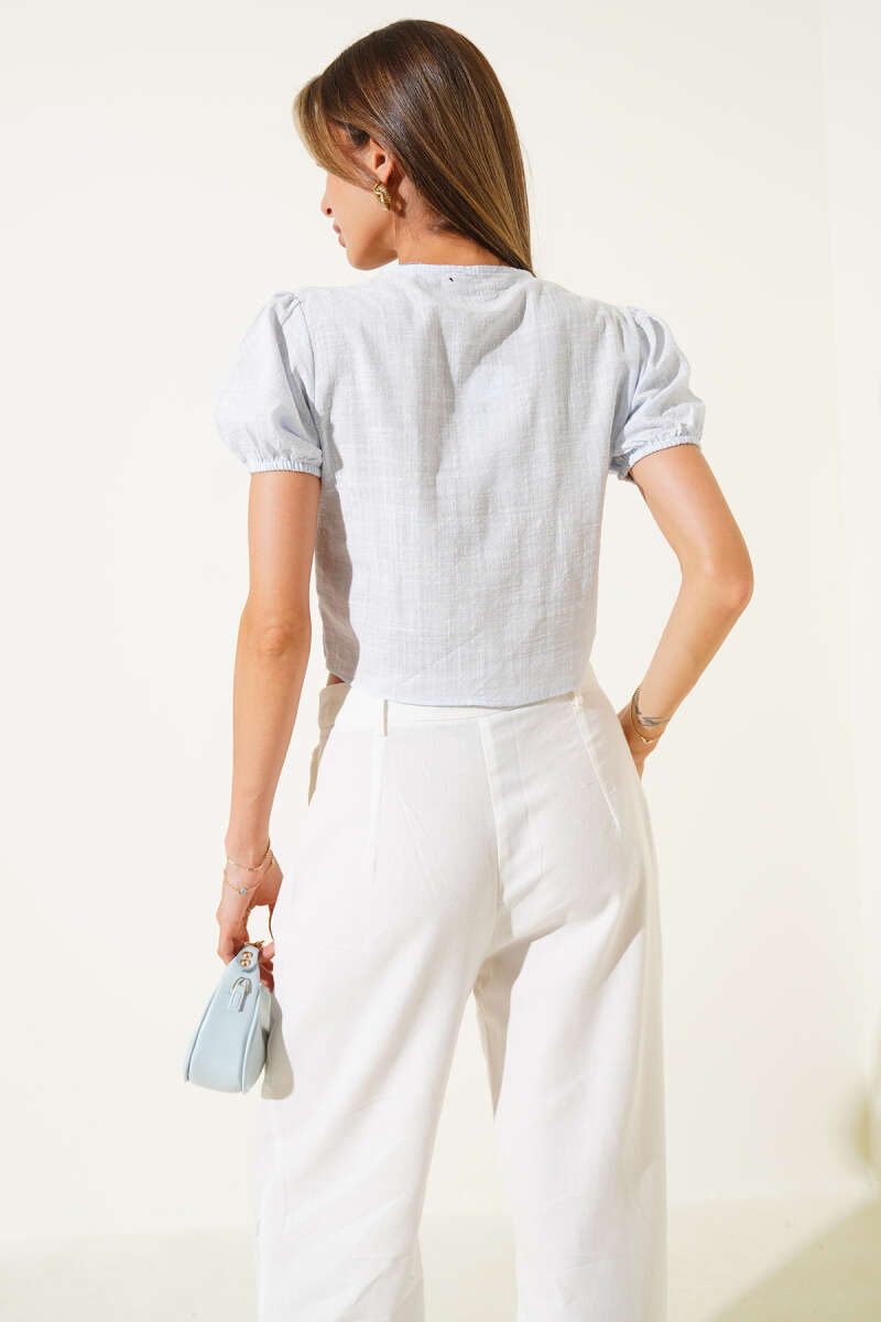Tie-Front Crop Top with Rivet Buttons - Blue