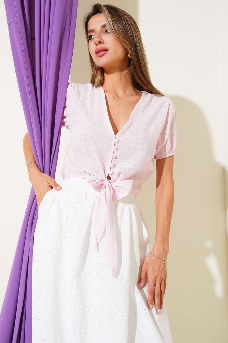 Tie-Front Crop Top with Rivet Buttons - Pink