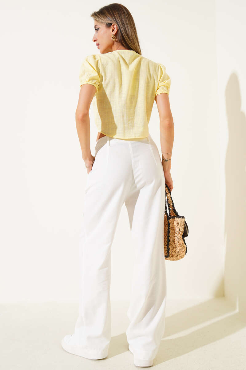 Tie-Front Crop Top with Rivet Buttons - Yellow