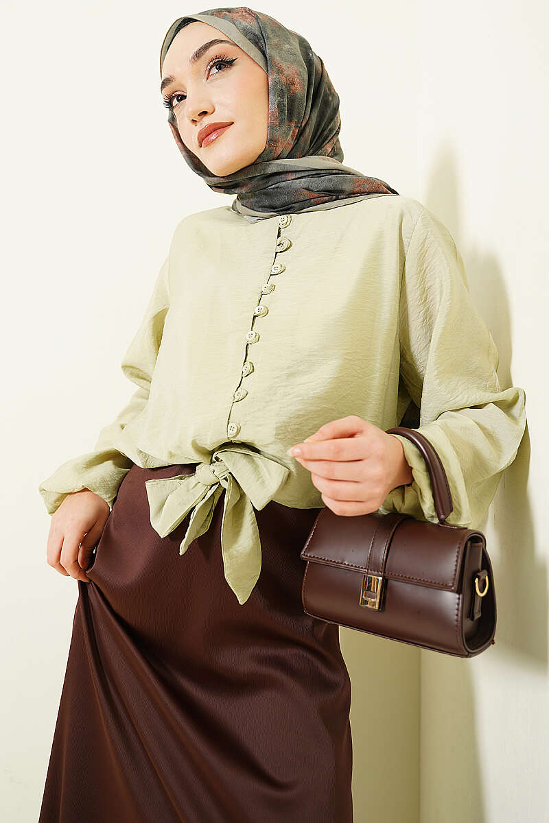 Short Tie-Front Shirt with Rivet Buttons - Almond Green