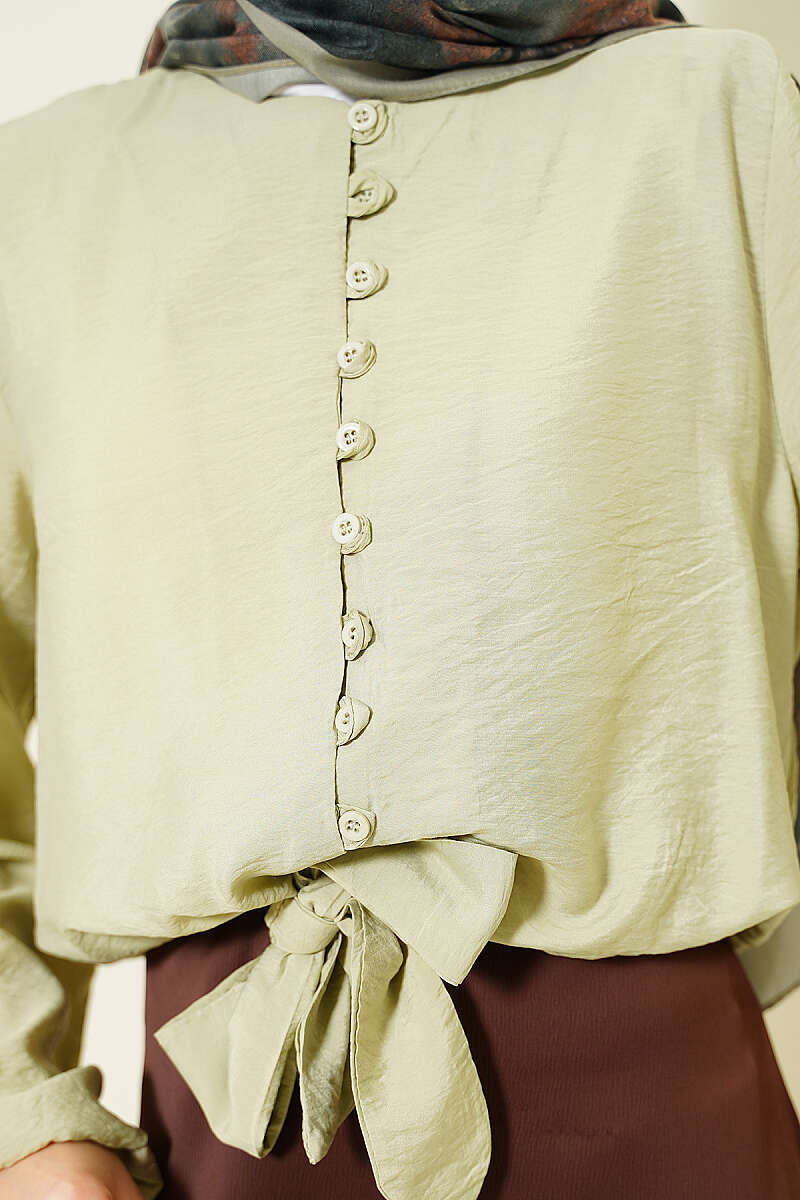 Short Tie-Front Shirt with Rivet Buttons - Almond Green