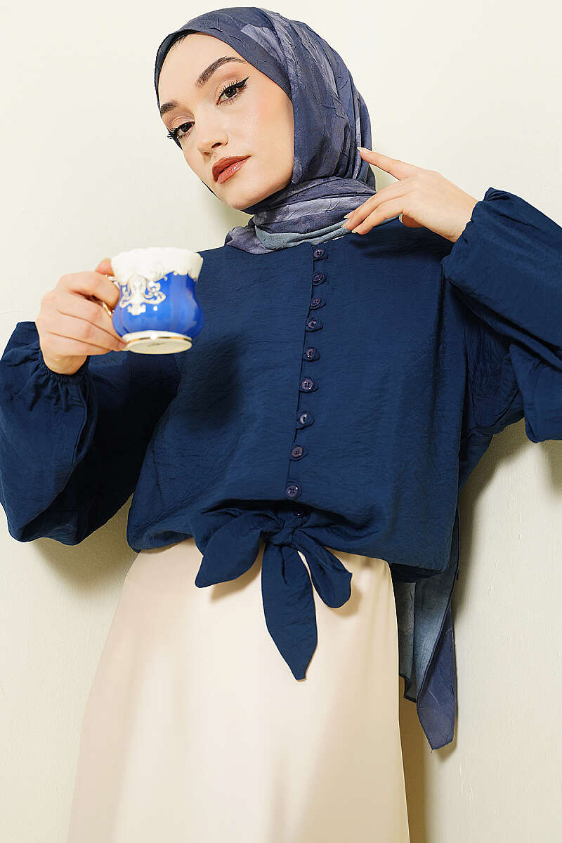 Short Tie-Front Shirt with Rivet Buttons - Navy