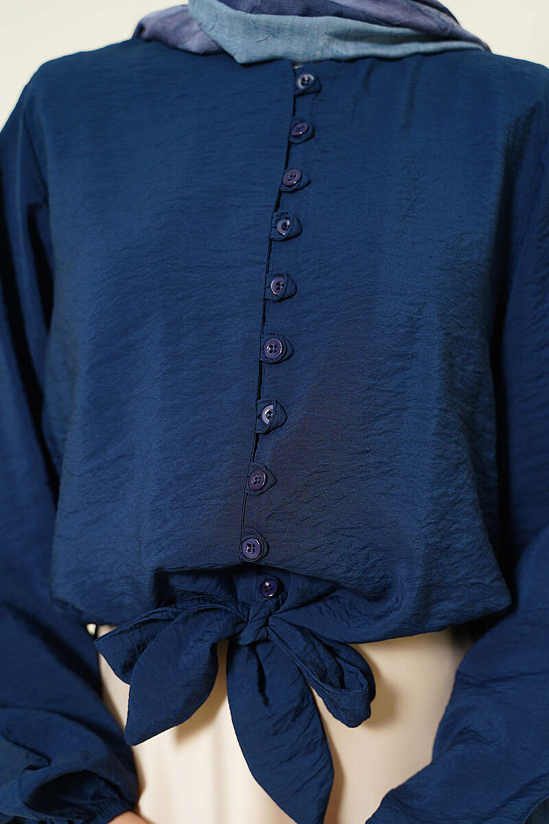 Short Tie-Front Shirt with Rivet Buttons - Navy