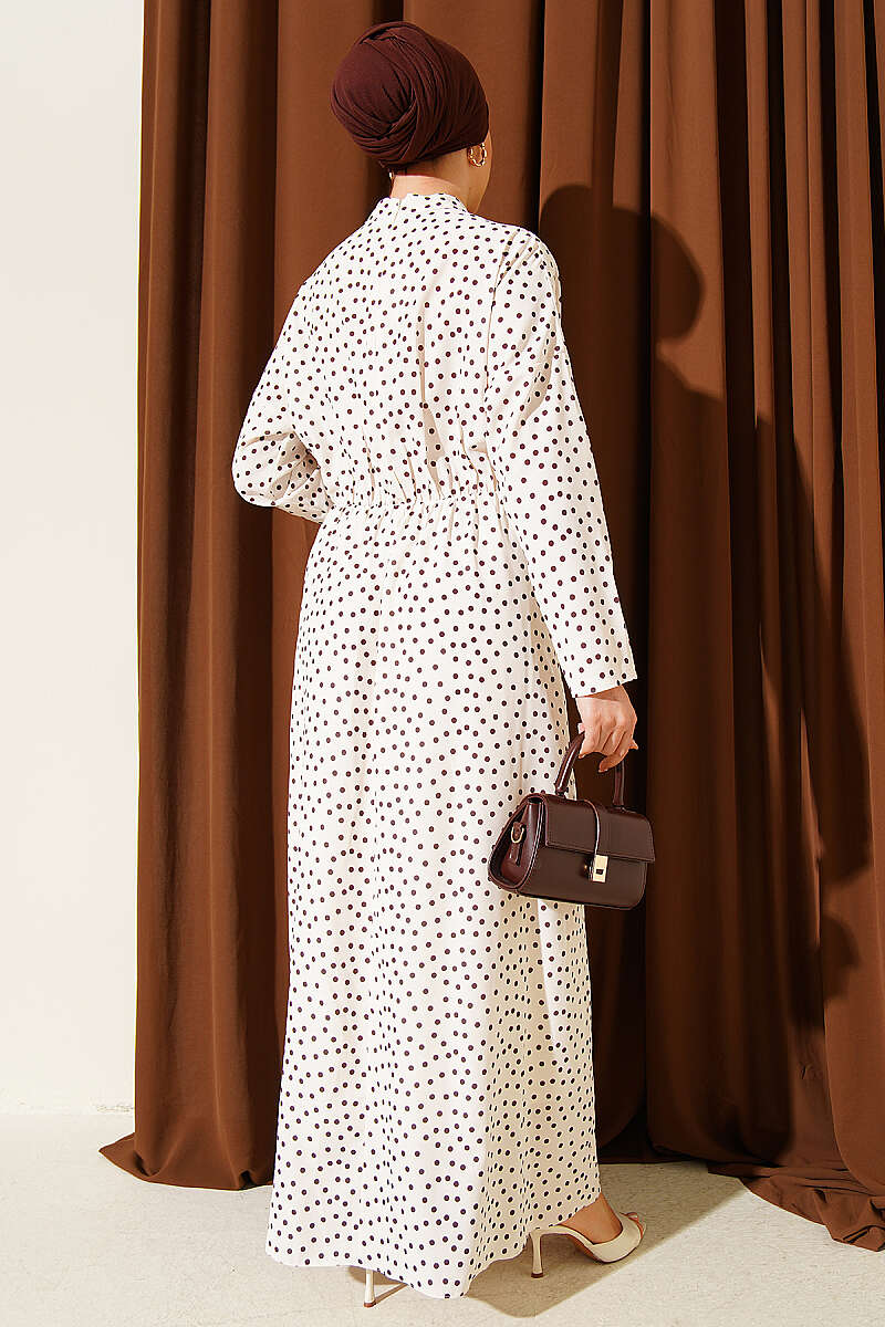 Polka Dot Dress with Ruched Front - Beige