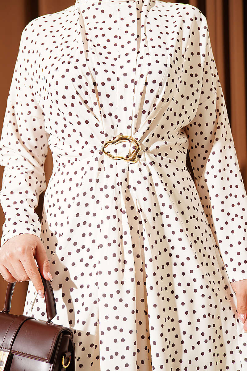 Polka Dot Dress with Ruched Front - Beige