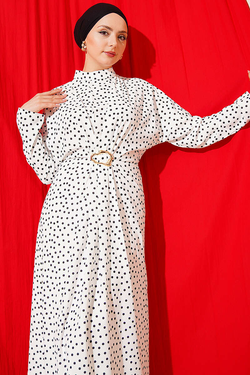 Polka Dot Dress with Ruched Front - White