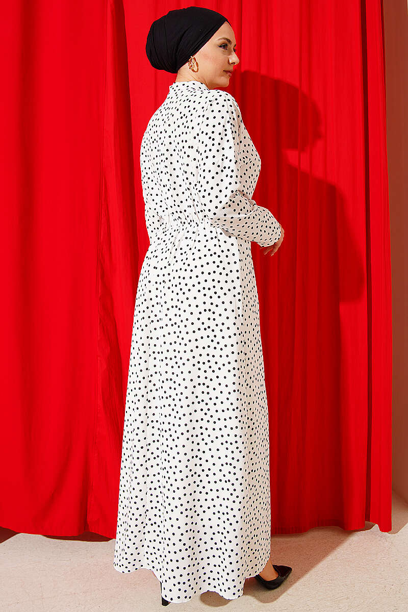 Polka Dot Dress with Ruched Front - White