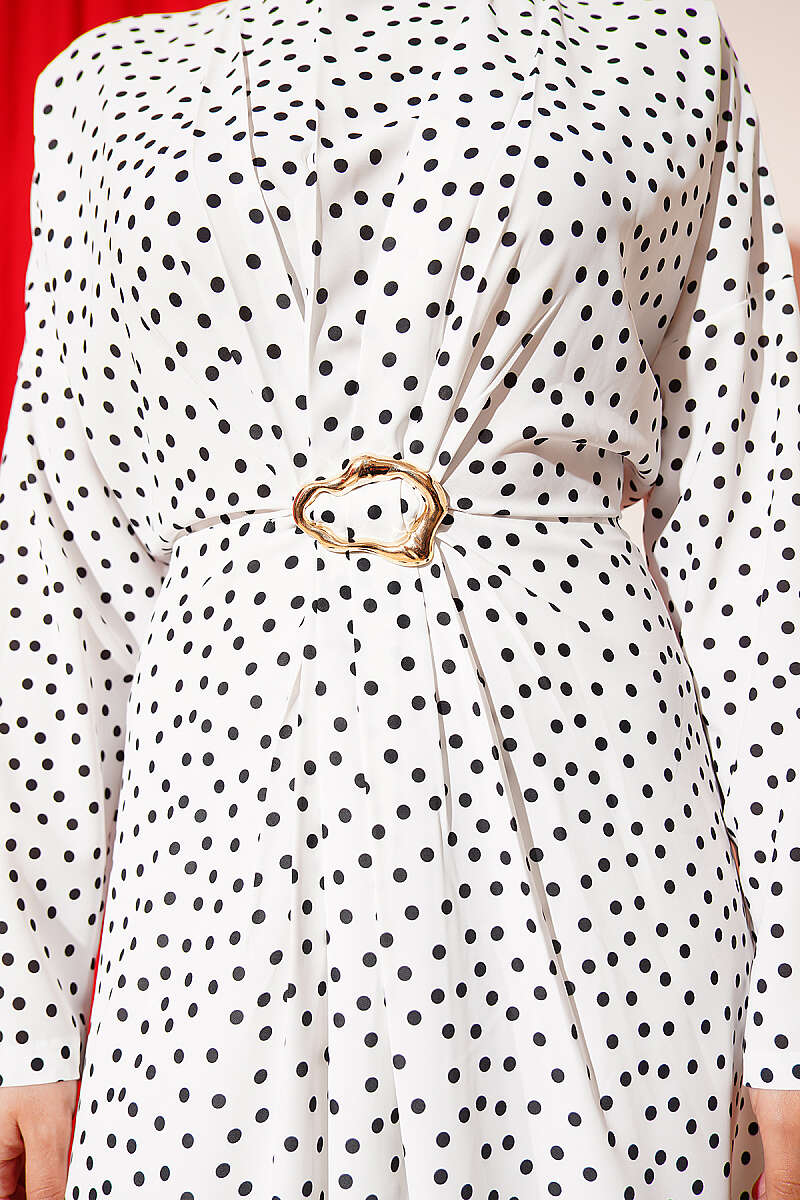Polka Dot Dress with Ruched Front - White
