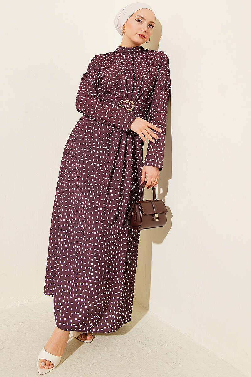 Polka Dot Dress with Ruched Front - Brown