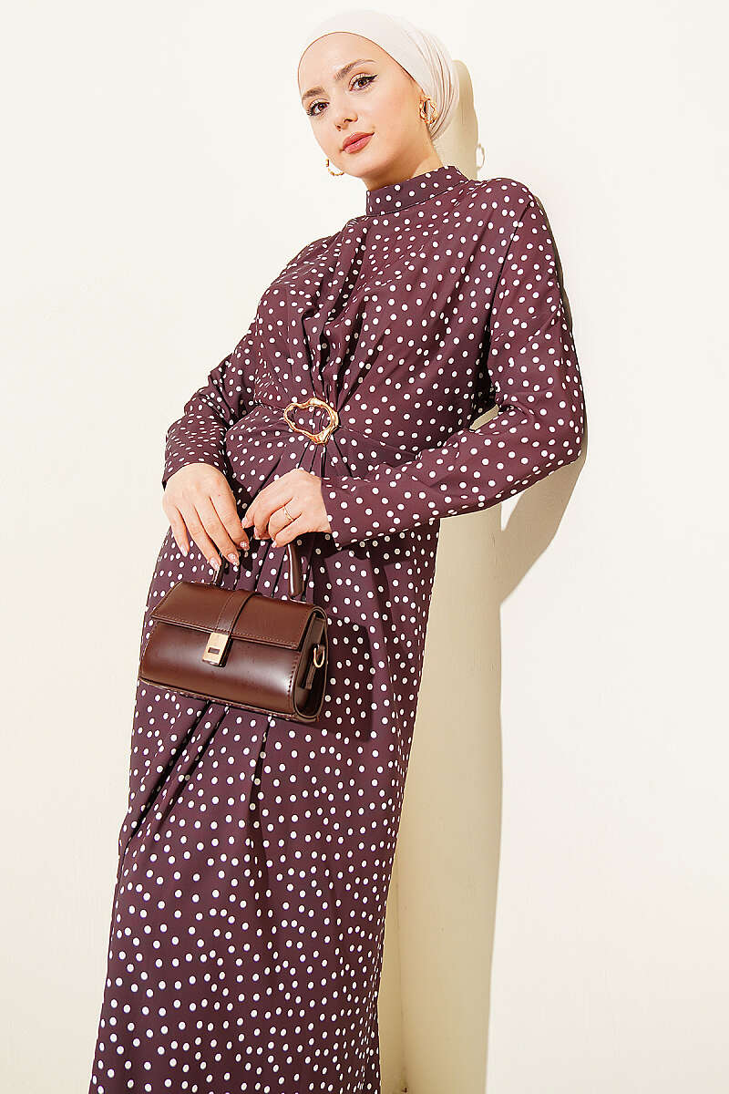 Polka Dot Dress with Ruched Front - Brown