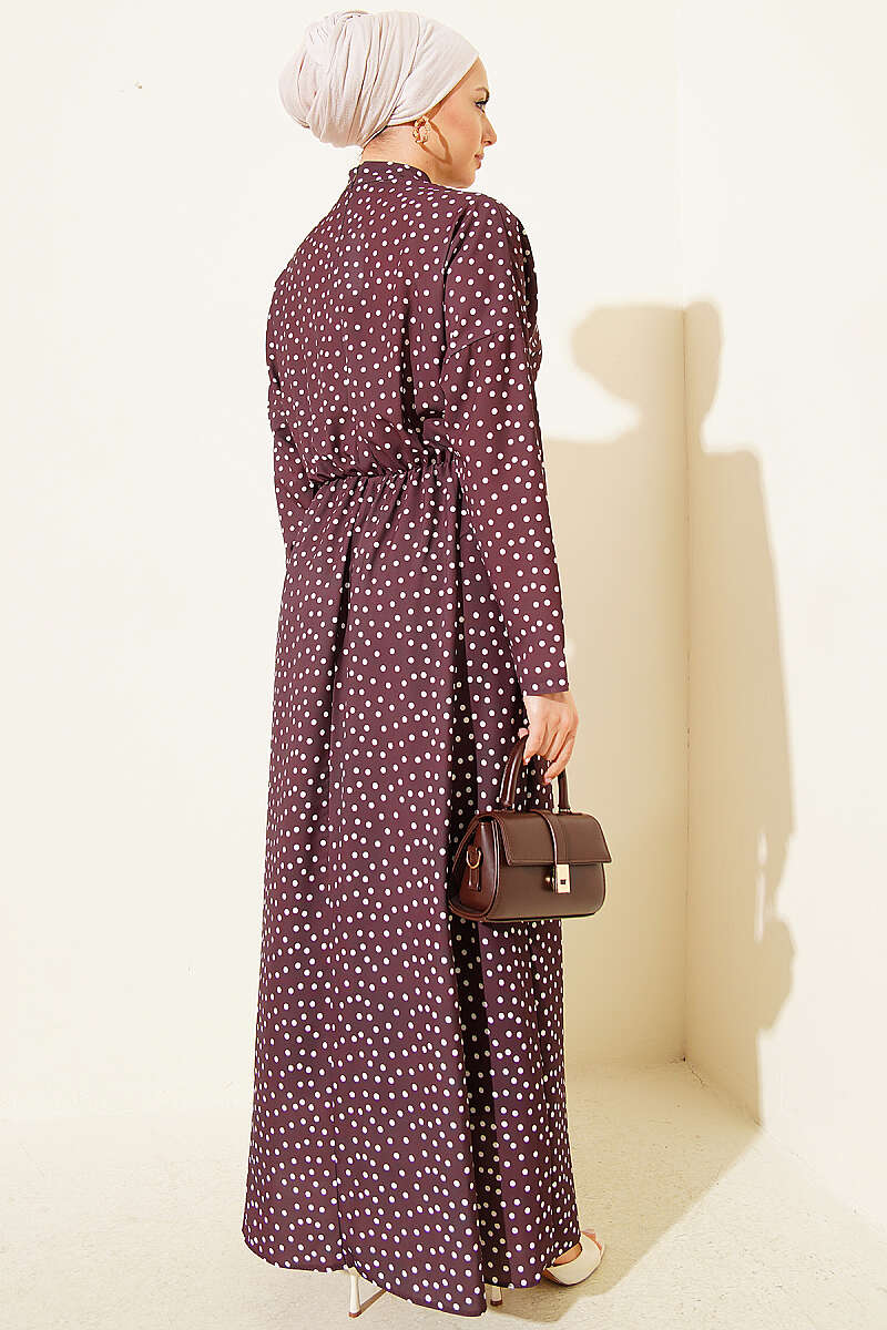 Polka Dot Dress with Ruched Front - Brown