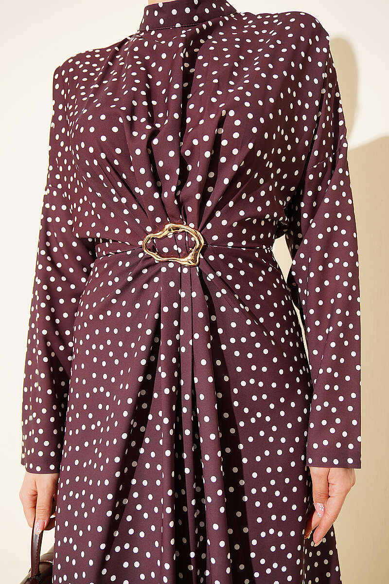 Polka Dot Dress with Ruched Front - Brown