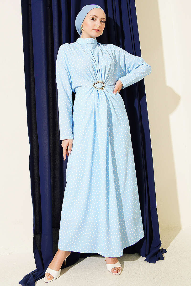 Polka Dot Dress with Ruched Front - Blue