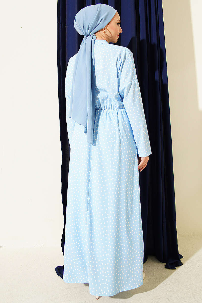 Polka Dot Dress with Ruched Front - Blue