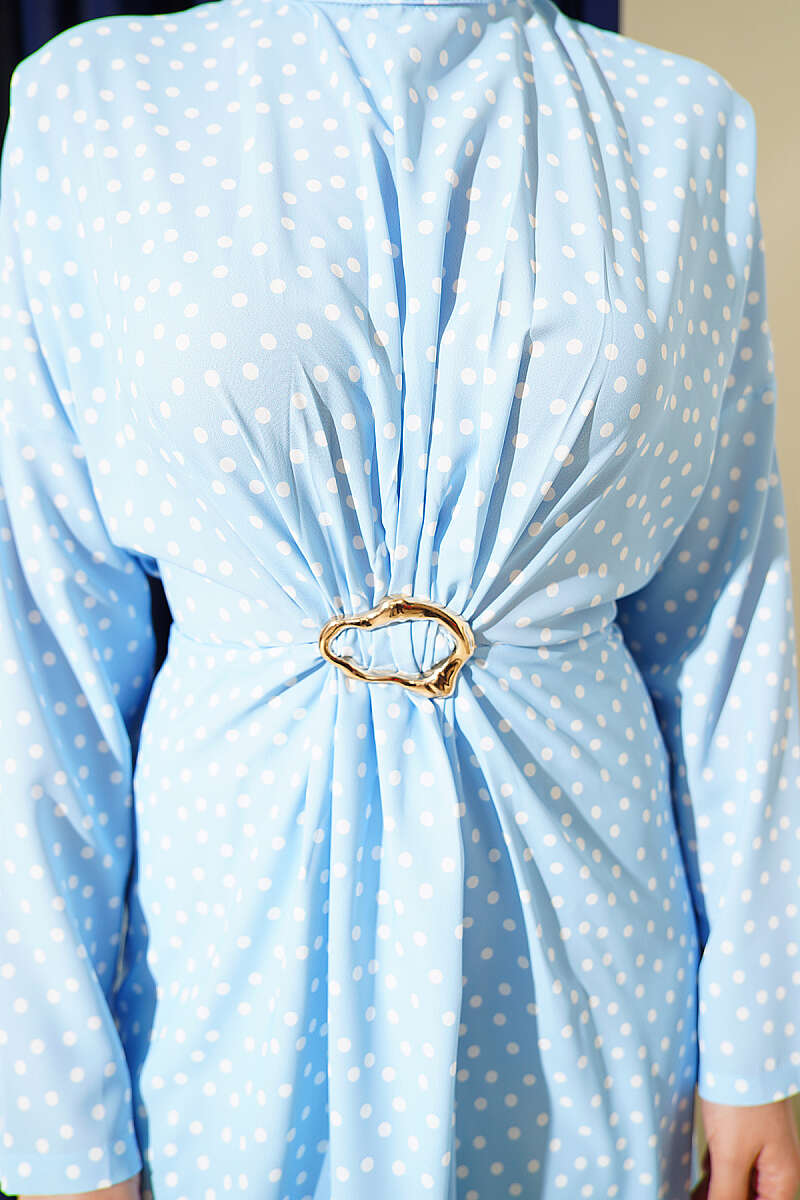 Polka Dot Dress with Ruched Front - Blue