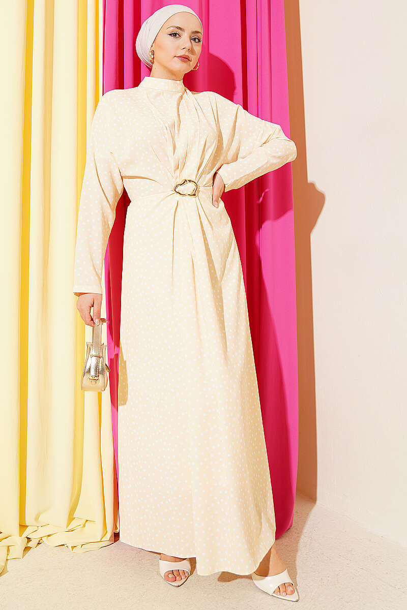 Polka Dot Dress with Ruched Front - Yellow