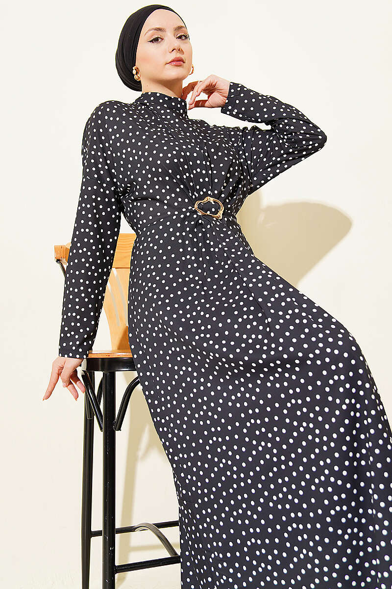 Polka Dot Dress with Ruched Front - Black