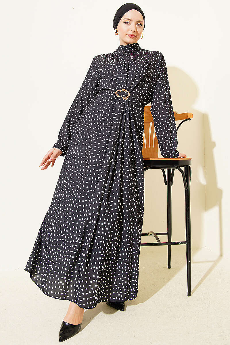 Polka Dot Dress with Ruched Front - Black