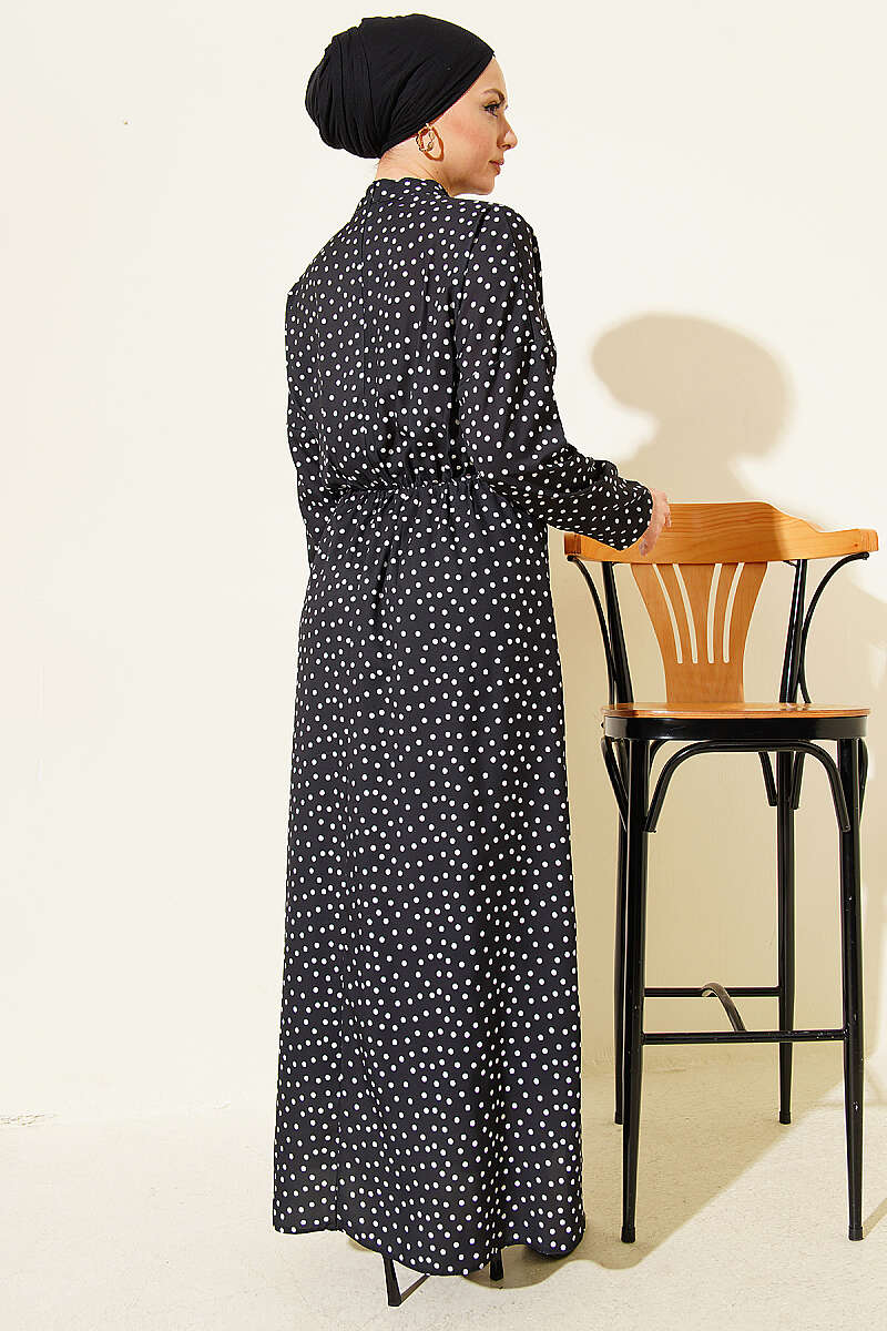Polka Dot Dress with Ruched Front - Black