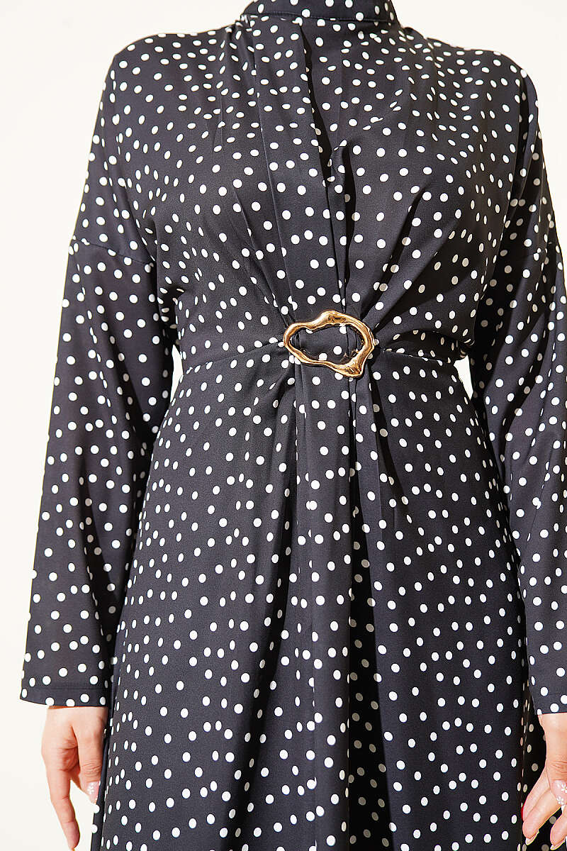 Polka Dot Dress with Ruched Front - Black