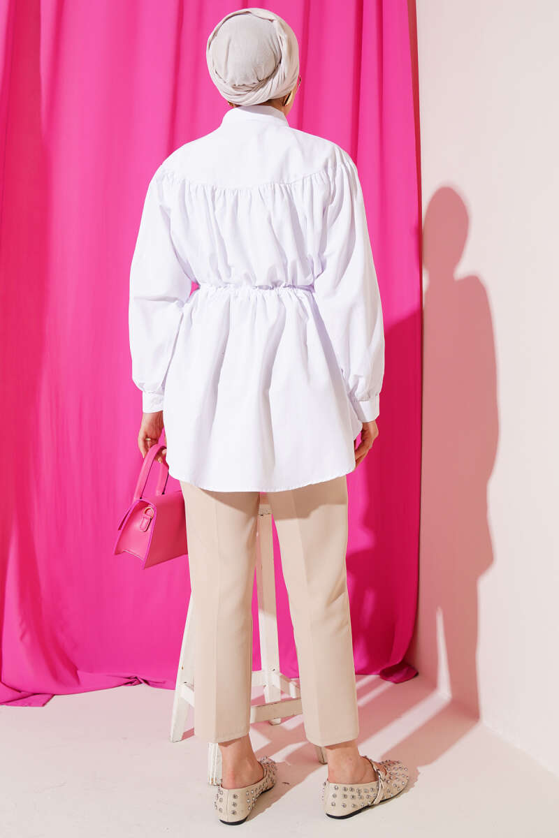 Gathered-Front Shirt with Drawstring Waist - White