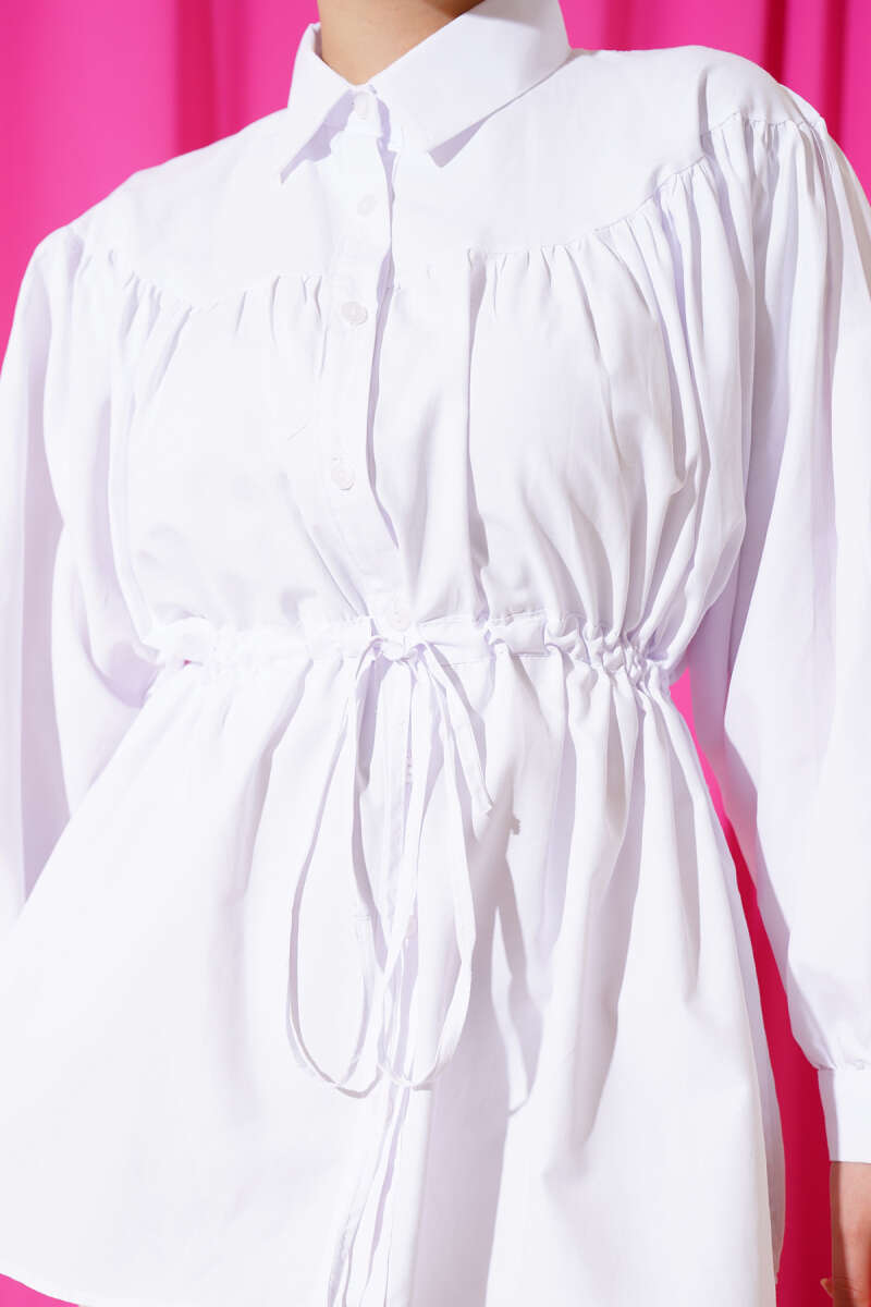 Gathered-Front Shirt with Drawstring Waist - White