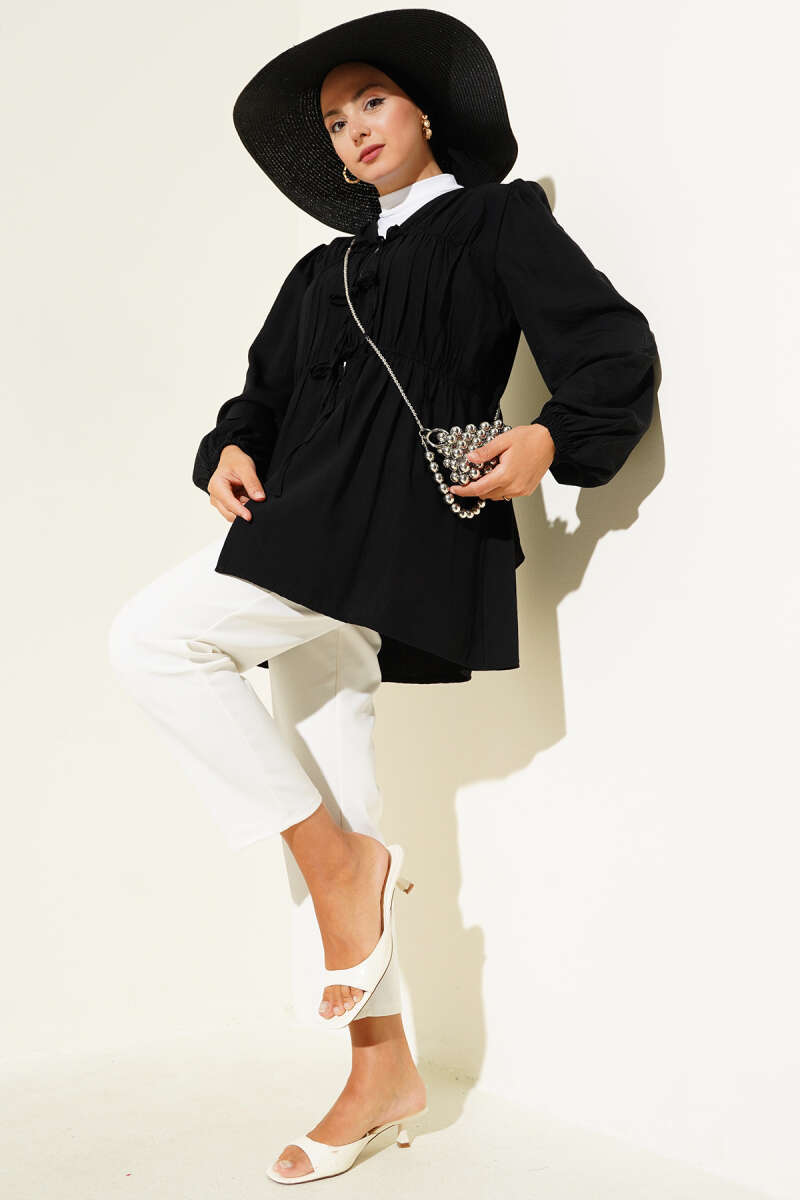 Kimono with Ruched Front and Elastic Cuffs - Black