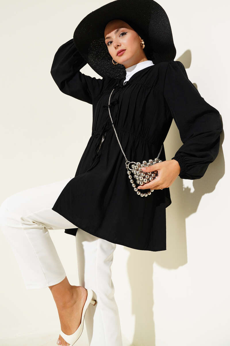 Kimono with Ruched Front and Elastic Cuffs - Black